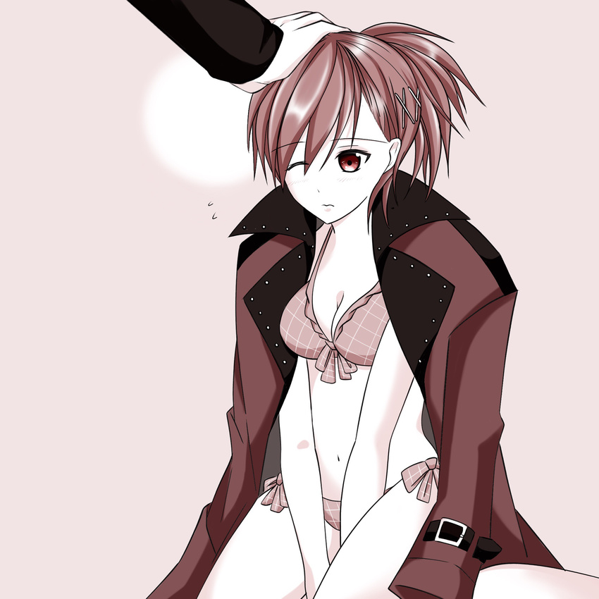 1girl aragaki_shinjirou bad_id bad_pixiv_id bikini breasts brown_hair female_protagonist_(persona_3) hair_ornament hairpin hand_on_another's_head highres long_coat marumi_(pixiv6210876) one_eye_closed persona persona_3 persona_3_portable red_eyes swimsuit