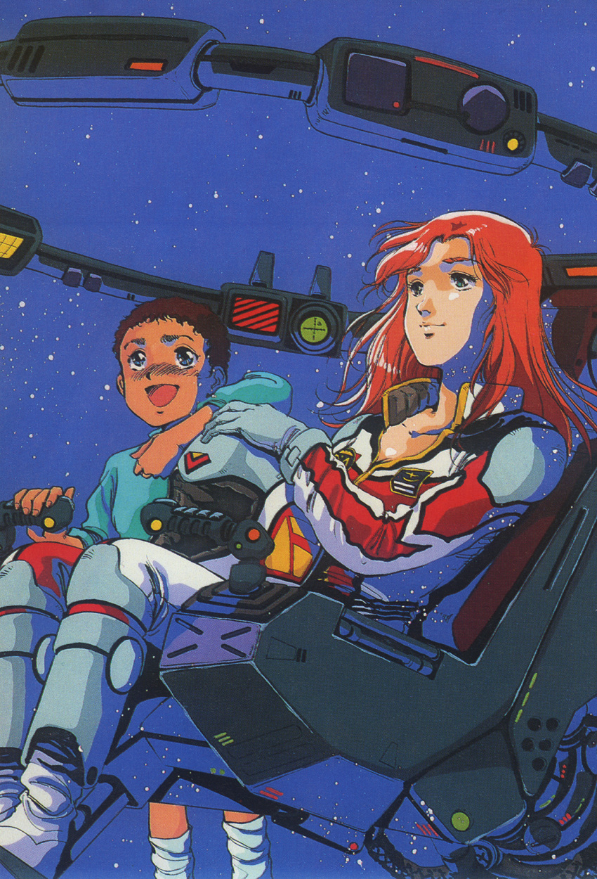 1980s_(style) 1boy 1girl age_difference alfred_izuruha black_hair boots breasts child christina_mackenzie cleavage cockpit control_stick earth_federation earth_federation_space_forces gloves gundam gundam_0080 gundam_alex helmet highres key_visual long_hair machinery mecha mikimoto_haruhiko mobile_suit official_art official_style open_mouth pilot pilot_chair pilot_suit promotional_art red_hair retro_artstyle robot scan science_fiction size_difference space spacesuit starry_background unworn_headwear unworn_helmet