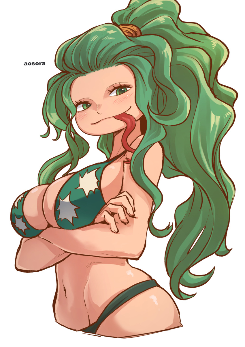 1girl aosora2823 artist_name bikini blush boa_sandersonia breasts commentary cropped_torso crossed_arms forked_tongue green_bikini green_eyes green_hair highres looking_at_viewer one_piece ponytail sidelocks simple_background smile solo swimsuit tongue wavy_hair white_background