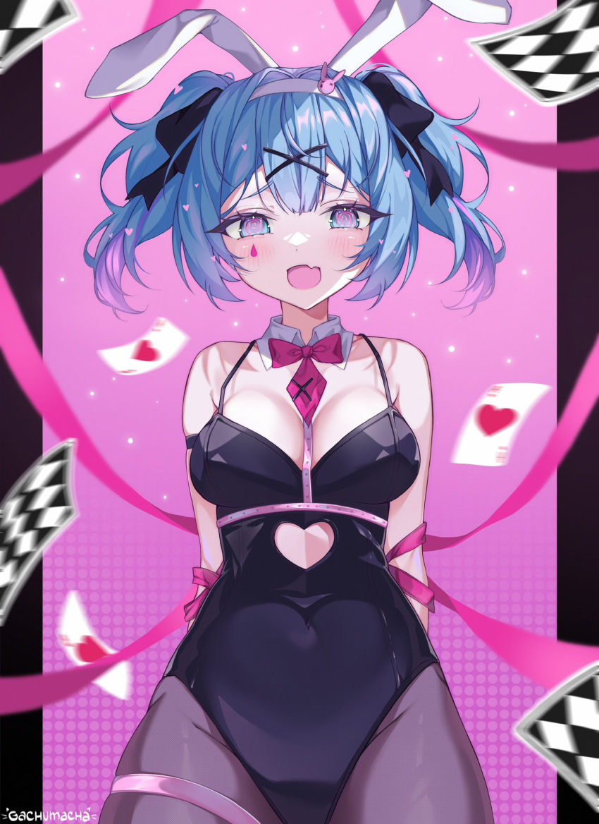 1girl @_@ ace_(playing_card) ace_of_hearts animal_ears artist_name black_leotard black_ribbon blue_eyes blue_hair blurry bow bowtie breasts card clothing_cutout collar detached_collar fake_animal_ears fang gachumacha hair_ornament hatsune_miku heart heart_cutout heart_hair_ornament highres leotard miku_day necktie open_mouth pantyhose pink_bow pink_bowtie pink_necktie pink_ribbon playboy_bunny playing_card rabbit_ears rabbit_hole_(vocaloid) ribbon skin_fang solo teardrop_facial_mark twintails vocaloid white_collar x_hair_ornament