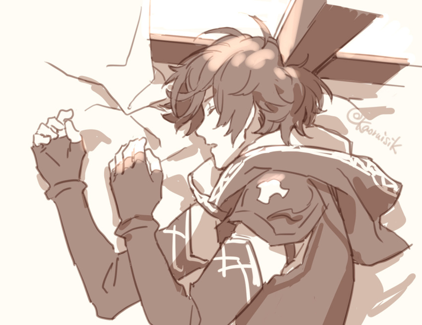 1boy ahoge armor artist_name bed_sheet brown_hair closed_eyes commentary_request fingerless_gloves gloves granblue_fantasy hair_between_eyes hood hood_down lying male_focus messy_hair on_bed on_side open_mouth pota_(bluegutty) sandalphon_(granblue_fantasy) shoulder_armor signature sketch sleeping solo twitter_username unfinished upper_body window