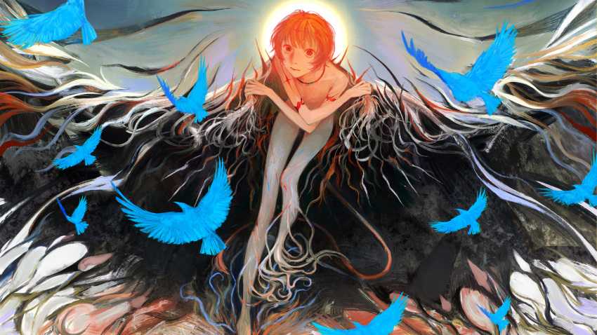 1boy absurdres bird blue_bird from_above halo highres jewelry limbus_company looking_up mili_(band) necklace nude obscure_1o2sw project_moon red_eyes short_hair sitting