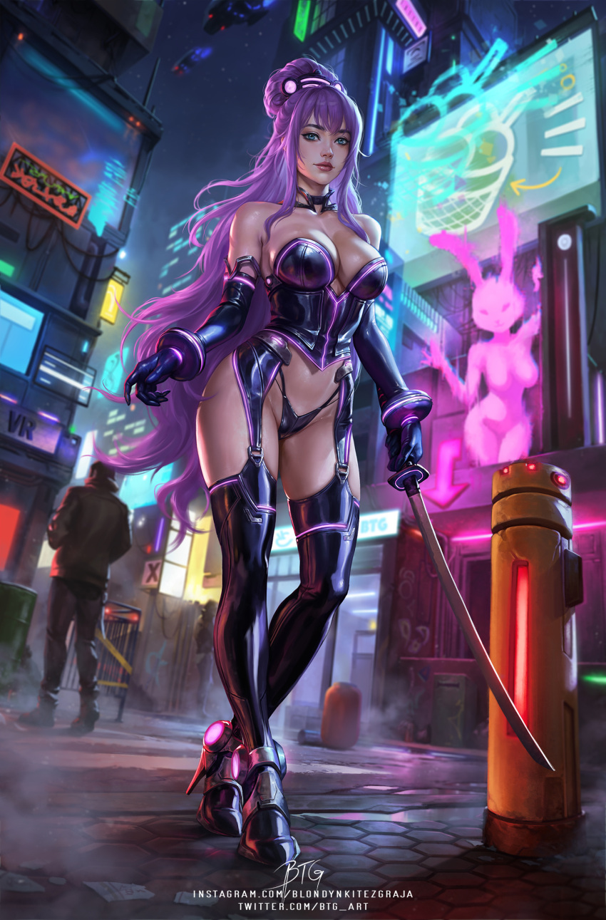 1boy 2girls aircraft airship artist_name bare_shoulders blondynkitezgraja blue_eyes boots breasts city city_lights collarbone commentary cyberpunk english_commentary full_body garter_straps graffiti high_heels highres holding holding_sword holding_weapon instagram_username katana large_breasts long_hair looking_at_viewer making-of_available multiple_girls night original outdoors purple_hair revealing_clothes solo_focus standing strapless sword thigh_boots thighs trash_can twitter_username very_long_hair weapon