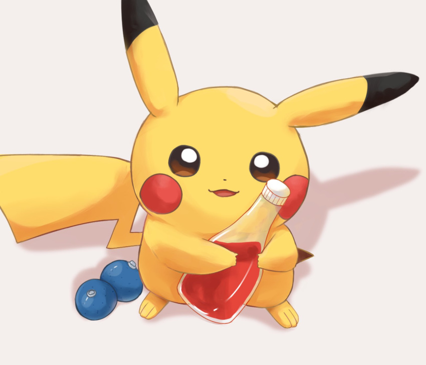 animal_focus berry_(pokemon) brown_eyes colored_skin commentary_request highres ketchup ketchup_bottle looking_at_viewer no_humans open_mouth oran_berry pikachu pokemon pokemon_(creature) smile suimin_ap_(aroniumu) tail yellow_skin