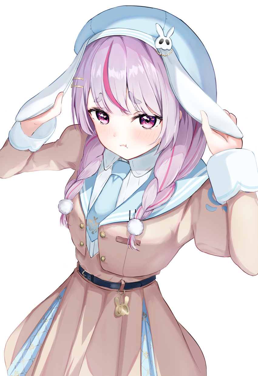 1girl absurdres aisu_(88) animal_ears belt black_belt blue_hat blue_necktie blush braid cattleya_regina_games dress hair_ornament hairclip hat highres holding_ears jacket long_sleeves looking_at_viewer multicolored_hair necktie open_clothes open_jacket pink_hair pout puffy_sleeves purple_eyes purple_hair rabbit_ears shirt short_eyebrows simple_background sleeves_past_wrists solo streaked_hair thick_eyebrows tosaki_mimi two-tone_hair virtual_youtuber vspo! white_background white_shirt