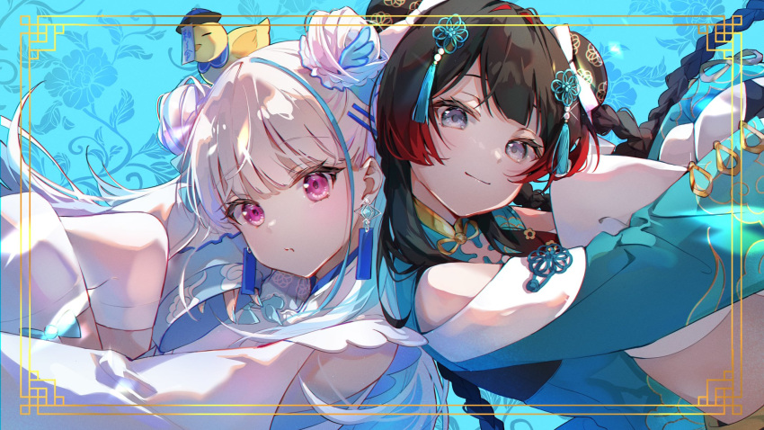 2girls :t alternate_costume alternate_hairstyle animal_on_head back-to-back bird bird_on_head black_hair black_hat blue_background blue_bow blue_collar blue_eyes blue_hair blue_hat blue_nails blue_shirt blue_tassel blunt_bangs border bow bow_legwear braided_hair_rings bun_cover chick chinese_clothes closed_eyes closed_mouth clothing_cutout collar colored_inner_hair detached_collar double_bun earrings eyelashes fffafa_daifuku fingernails floral_background flower_knot gradient_hair grey_hair hair_bun hair_intakes hair_ornament hair_rings hashtag_only_commentary hat highres jewelry jiangshi_costume knees_to_chest knees_up lize_helesta long_hair long_sleeves looking_at_viewer looking_to_the_side multicolored_hair multiple_girls nail_polish nijisanji official_alternate_costume official_alternate_hairstyle ofuda on_head ornate_border outside_border pout purple_eyes qingdai_guanmao red_hair sebastian_piyodore shirt shoulder_cutout sleeves_past_wrists smile streaked_hair swept_bangs thighhighs tsukino_mito tsukino_mito_(china_dress) turning_head two-tone_hair two-tone_hat virtual_youtuber white_thighhighs wing_hair_ornament yellow_border