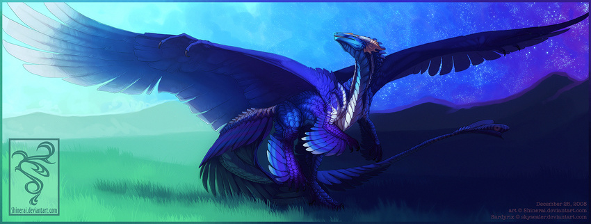 2008 ambiguous_gender blue_feathers blue_scales claws digital_media_(artwork) dragon feathered_dragon feathered_wings feathers grass outside scales shinerai solo standing wings
