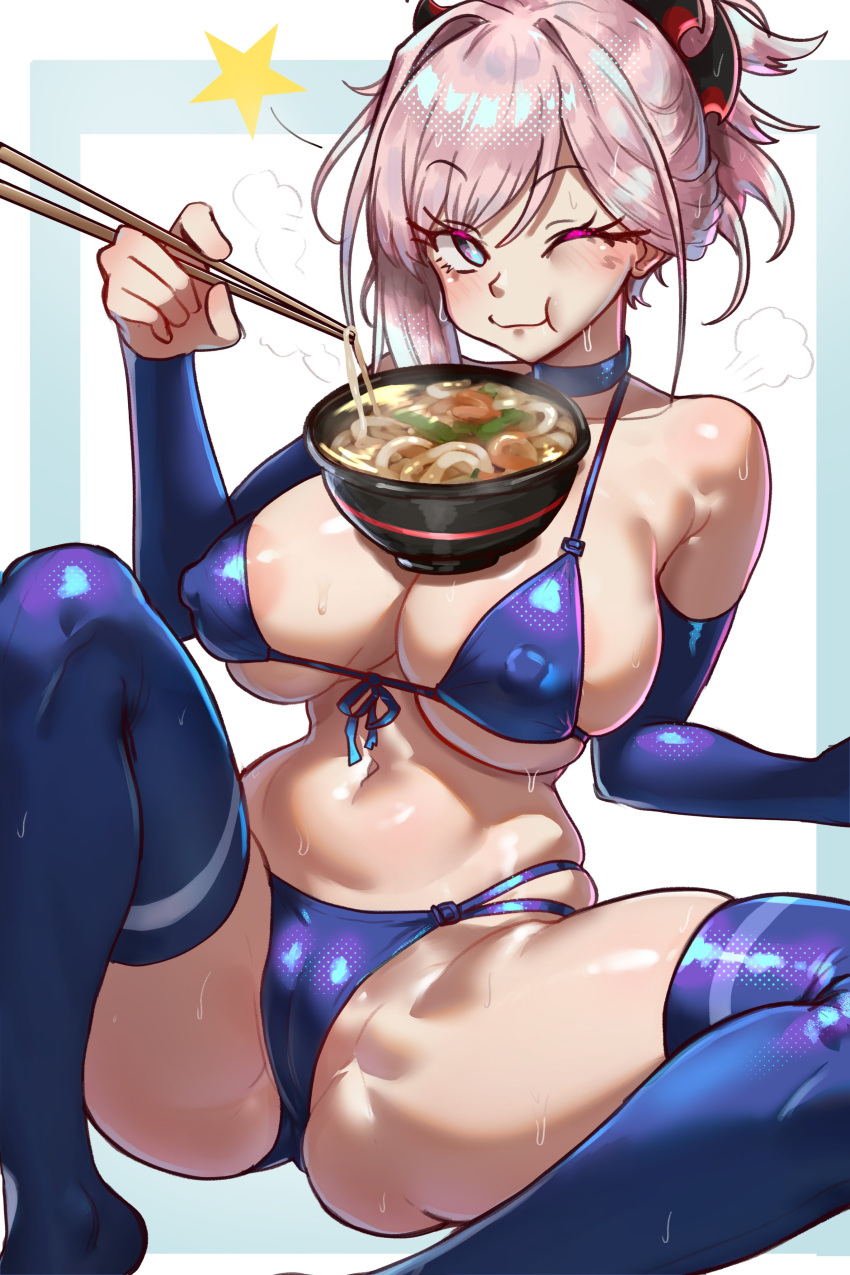 1girl absurdres alternate_costume areola_slip asymmetrical_hair bikini blue_bikini blue_eyes blue_sleeves blue_thighhighs bowl breast_hold breasts cameltoe chopsticks cleavage covered_nipples detached_sleeves eating ebora english_commentary fate/grand_order fate_(series) food front-tie_bikini_top front-tie_top highres holding holding_chopsticks large_breasts long_hair looking_at_viewer miyamoto_musashi_(fate) navel noodles pink_hair ponytail simple_background single_sidelock sitting solo spread_legs star_(symbol) swimsuit thighhighs udon