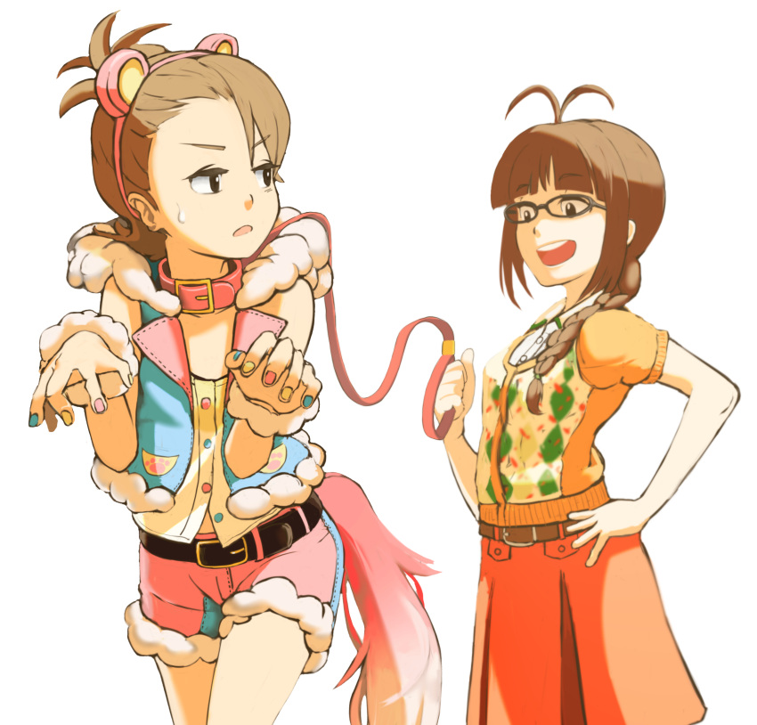 2girls akizuki_ritsuko animal_ears antenna_hair bare_shoulders belt belt_collar black-framed_eyewear black_belt black_eyes blue_nails blue_vest blunt_bangs braid braided_ponytail brown_hair claw_pose collar commentary_request cowboy_shot dog_tail fake_animal_ears fake_tail frown fur-trimmed_shorts fur_trim futami_ami glasses hand_on_own_hip hand_up hands_up highres holding holding_leash idolmaster idolmaster_(classic) jitome leash long_hair looking_at_another low_ponytail mappy_(minogue) mouse_ears multiple_girls nail_polish open_clothes open_mouth open_vest orange_skirt pink_belt pink_nails pink_shorts short_hair short_sleeves shorts simple_background skirt smile smug sweatdrop tail v-shaped_eyebrows vest white_background yellow_nails