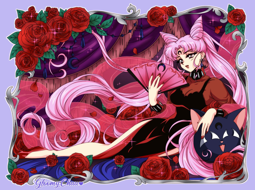 1girl artist_name bishoujo_senshi_sailor_moon black_dress black_lady_(sailor_moon) border collar commentary cone_hair_bun crescent crescent_facial_mark dress earrings english_commentary facial_mark flower forehead_mark hair_bun hand_fan high_heels highres holding holding_fan jewelry long_hair luna-p lying mroczniak_(gloomy_chuu) nail_polish on_side parted_lips pink_hair purple_border red_footwear red_nails rose side_slit sparkle twintails