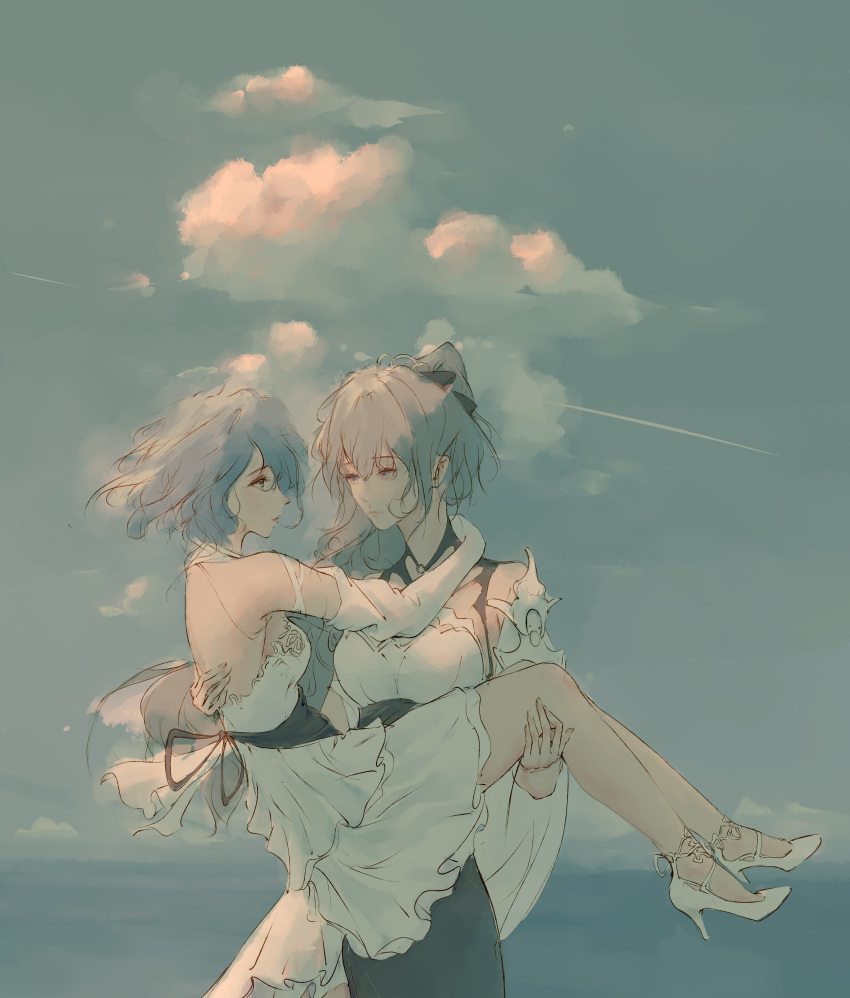 2girls absurdres backless_dress backless_outfit bare_shoulders blue_hair breasts bronya_zaychik carrying carrying_person cloud cloudy_sky dress elbow_gloves gloves grey_hair high_heels highres honkai_(series) honkai_impact_3rd long_hair looking_at_another medium_breasts multiple_girls nao_tou_di_guan outdoors ponytail princess_carry profile seele_vollerei short_hair sky small_breasts white_dress white_footwear white_gloves yuri