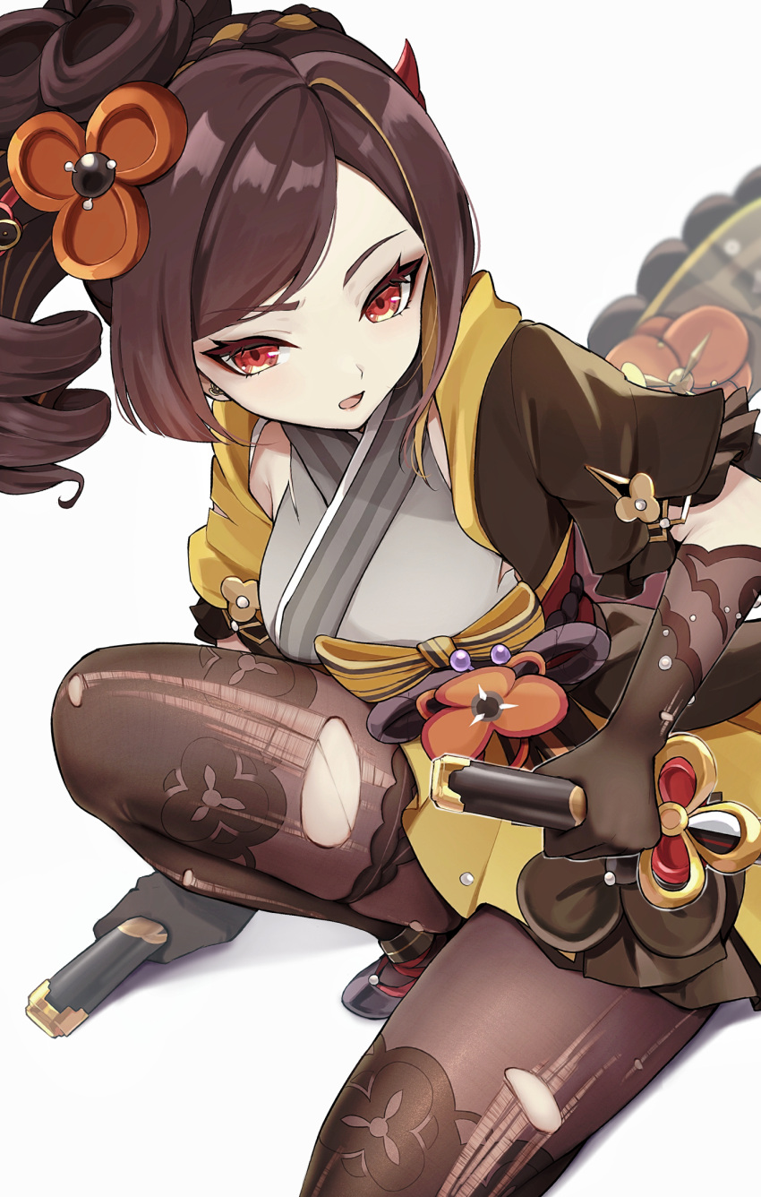 1girl asymmetrical_sidelocks black_gloves black_pantyhose black_thighhighs blonde_hair brown_hair chiori_(genshin_impact) commentary_request drill_hair drill_ponytail dual_wielding elbow_gloves genshin_impact gloves grey_kimono haori highres holding holding_sword holding_weapon japanese_clothes katana kimono long_hair looking_at_viewer open_mouth pantyhose red_eyes red_sash sash sheath sheathed short_kimono simple_background skirt sleeveless sleeveless_kimono solo squatting sword thighhighs thighhighs_over_pantyhose torn_clothes torn_pantyhose ura_(hamburg_oniku) weapon yellow_skirt