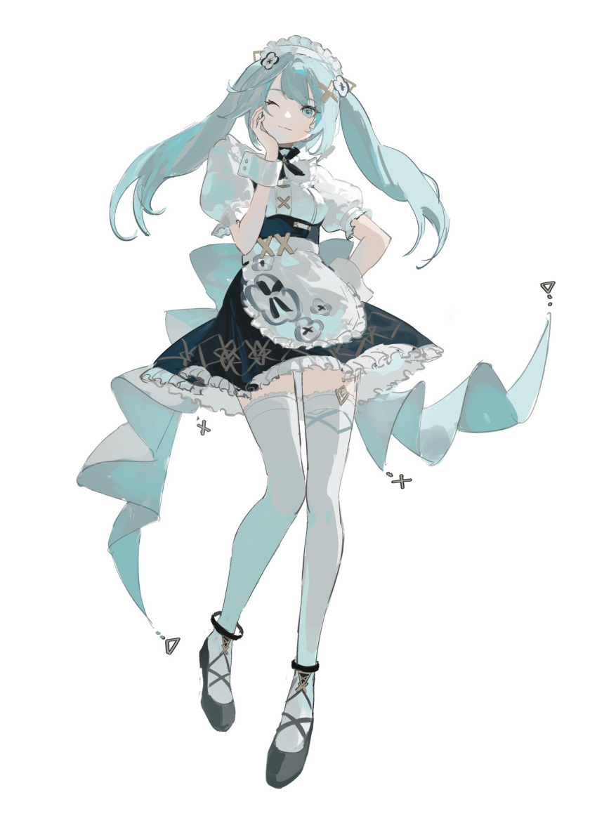 1girl aco_gbfg apron aqua_hair black_footwear closed_mouth faruzan_(cafe)_(genshin_impact) faruzan_(genshin_impact) full_body genshin_impact green_eyes hair_ornament hand_on_own_cheek hand_on_own_face highres long_hair looking_at_viewer maid maid_apron maid_headdress official_alternate_costume one_eye_closed puffy_sleeves simple_background smile solo thighhighs twintails white_background white_thighhighs x_hair_ornament