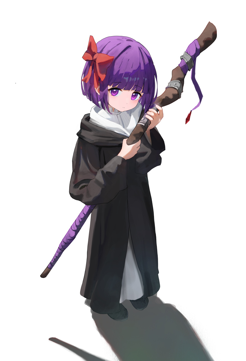 1girl absurdres aged_down backlighting black_robe blunt_bangs bob_cut bow child dot_nose dress english_commentary fern_(sousou_no_frieren) from_above full_body hair_bow head_tilt highres holding holding_staff looking_at_viewer mage_staff negative_space neratul pigeon-toed purple_eyes purple_hair red_bow robe shadow short_hair sideways_glance simple_background solo sousou_no_frieren staff straight_hair three_quarter_view white_background white_dress