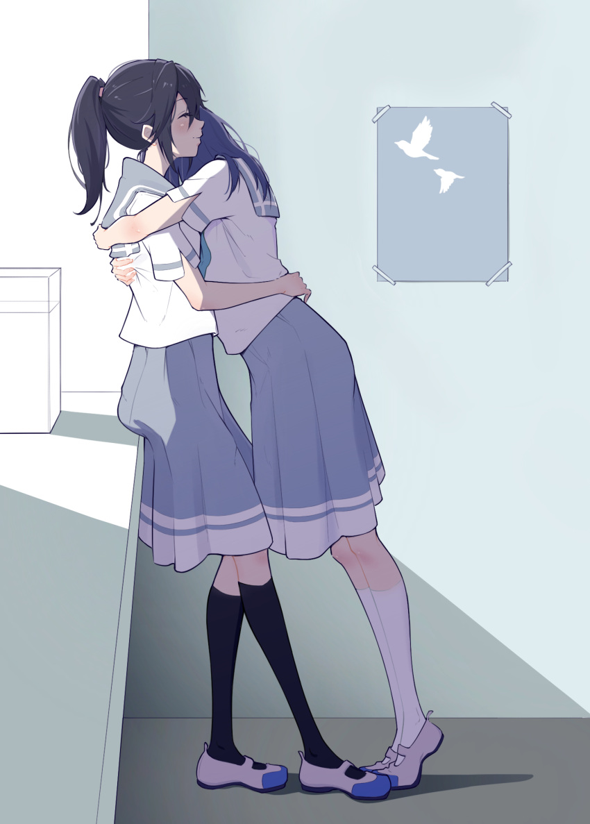 2girls against_railing black_hair black_socks blue_hair blue_sailor_collar blue_skirt commentary_request grey_footwear hand_on_another's_waist hands_on_another's_back hibike!_euphonium highres hug kasaki_nozomi kitauji_high_school_uniform kneehighs liz_to_aoi_tori long_hair multiple_girls pleated_skirt ponytail poster_(object) railing sailor_collar school_uniform serafuku shirt short_sleeves skirt snow_hawkeye socks white_shirt white_socks yoroizuka_mizore yuri