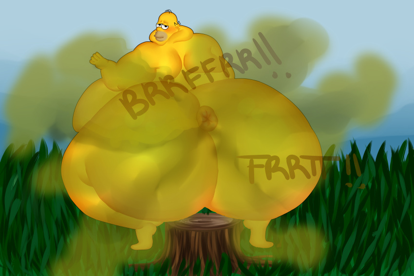 absurd_res anus big_butt blush blushing_at_viewer butt crouching fart fart_cloud fart_fetish farting_at_viewer gas gassy grass_field hi_res homer_simpson huge_butt human humanoid looking_at_viewer looking_back male mammal mewl1n nude obese obese_male outside overweight overweight_male puffy_anus smelly smile solo sound_effects the_simpsons thick_thighs tree_stump yellow_body yellow_skin