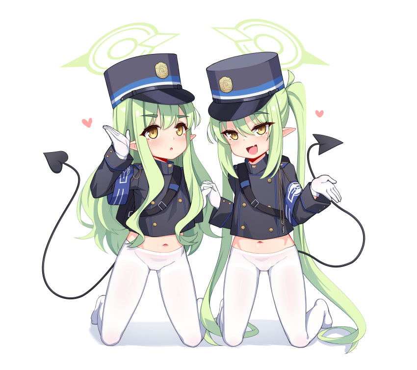 2girls absurdres armband blue_archive blue_armband blush buttons commentary demon_tail double-breasted english_commentary fang gloves green_hair green_halo halo hat heart highlander_sidelocks_conductor_(blue_archive) highlander_twintails_conductor_(blue_archive) highres holding_hands interlocked_fingers kneeling long_hair long_sleeves looking_at_viewer luxuriou_s mixed-language_commentary multiple_girls navel no_pants open_mouth paid_reward_available pantyhose parted_lips pointy_ears shako_cap side-by-side simple_background skin_fang smile tail twintails variant_set very_long_hair white_background white_gloves white_pantyhose yellow_eyes