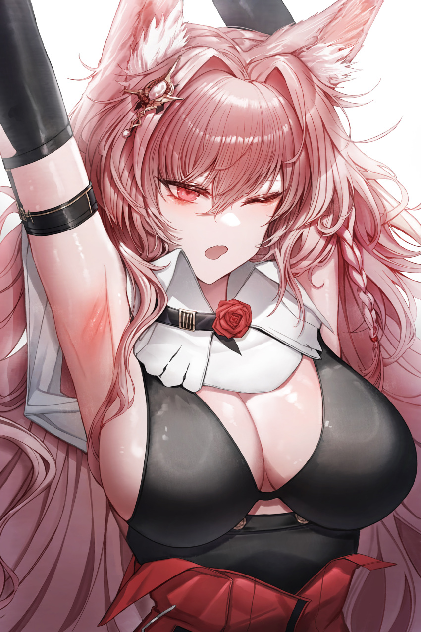 1girl absurdres animal_ears arknights armpits arms_up black_bra bra braid breasts cleavage commentary_request hair_intakes hair_ornament high-waist_skirt highres large_breasts one_eye_closed onedr open_mouth pink_hair pozyomka_(arknights) red_eyes red_skirt simple_background single_braid skirt solo underwear white_background wolf_ears wolf_girl