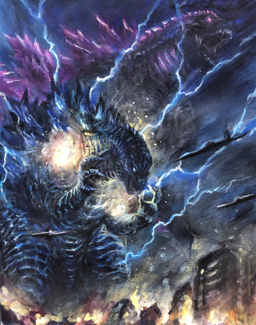 absurdres bioluminescence blue_eyes claws elbow_spikes fangs g.n.a giant giant_monster gills glowing godzilla godzilla:_king_of_the_monsters godzilla_(monsterverse) godzilla_(series) godzilla_evolved godzilla_vs._kong godzilla_x_kong:_the_new_empire highres jaw kaijuu king_kong_(series) long_tail monster monsterverse no_humans open_mouth purple_eyes reptile reptilian scales sharp_teeth spiked_tail spikes spines tail teeth