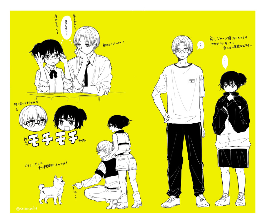 1boy 1girl black_hair blonde_hair blush casual choujin_x couple height_difference higashi_azuma_(choujin_x) highres jacket military_uniform rokuen_skd school_uniform shared_thought_bubble shirt shorts t-shirt tattoo_dog_(choujin_x) thought_bubble track_jacket translation_request uniform yellow_background