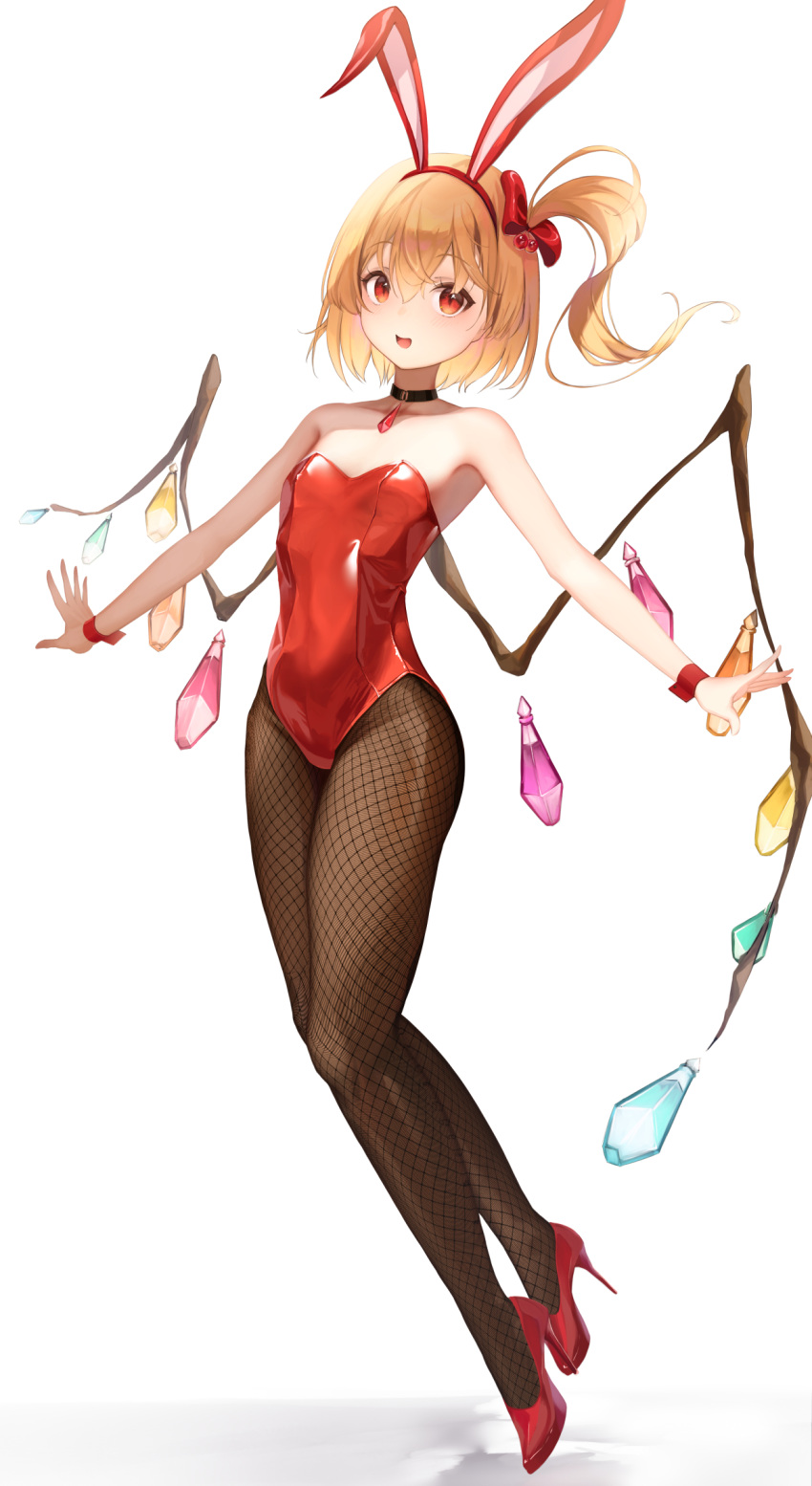 1girl 81somei animal_ears blonde_hair breasts crystal_wings fake_animal_ears fishnet_pantyhose fishnets flandre_scarlet full_body highres leotard medium_hair open_mouth pantyhose playboy_bunny rabbit_ears red_eyes red_leotard side_ponytail simple_background small_breasts solo touhou white_background