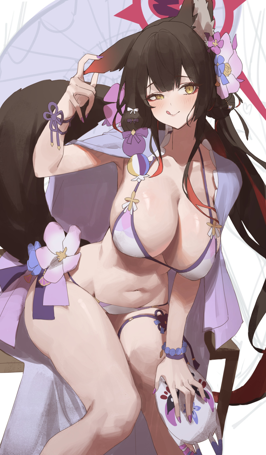 1girl absurdres animal_ear_fluff animal_ears bikini black_hair blue_archive blush breasts cleavage closed_mouth collarbone feet_out_of_frame fingernails flower fox_ears fox_tail hair_flower hair_ornament halo highres large_breasts long_hair looking_at_viewer nail_polish netural official_alternate_costume pink_flower purple_flower purple_nails red_halo sitting smile solo swimsuit tail tongue tongue_out wakamo_(blue_archive) wakamo_(swimsuit)_(blue_archive) white_bikini yellow_eyes