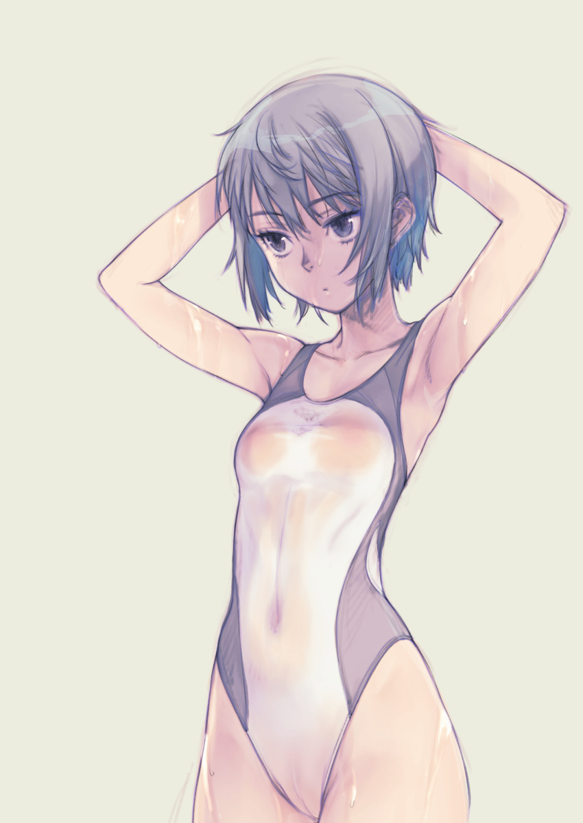 1girl branch_(blackrabbits) breasts collarbone commentary_request competition_swimsuit covered_navel cowboy_shot grey_background grey_eyes grey_hair highleg highleg_swimsuit highres one-piece_swimsuit original see-through_swimsuit short_hair small_breasts solo swimsuit two-tone_swimsuit wet wet_clothes wet_swimsuit white_one-piece_swimsuit