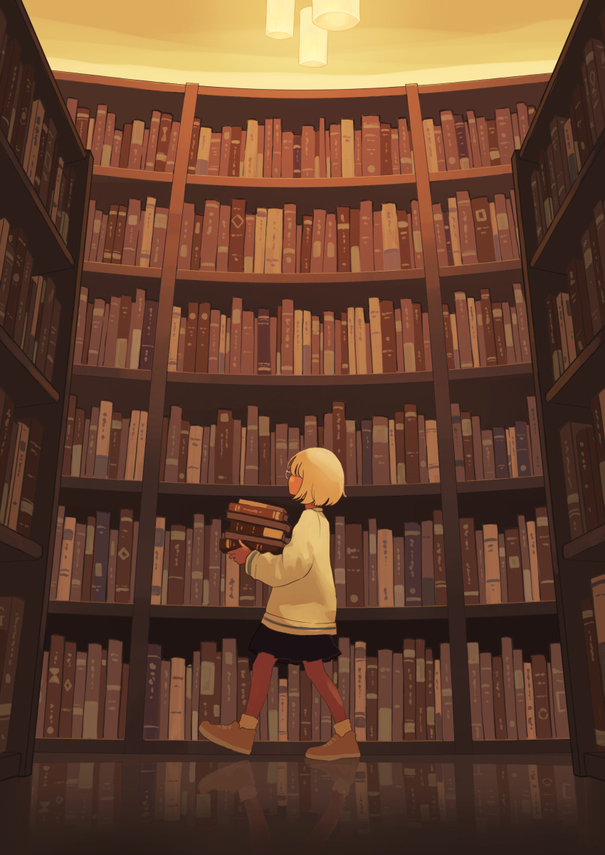 1girl absurdres black_skirt book book_stack commentary_request facing_away fluorescent_lamp glasses highres holding holding_book indoors library looking_up original scenery shelf shoes short_hair skirt sneakers socks solo sweater taizo_(taizo_03) too_many too_many_books white_hair white_sweater