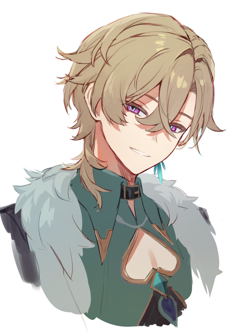 1boy absurdres aqua_shirt aventurine_(honkai:_star_rail) blonde_hair clothing_cutout collared_shirt earrings fur_trim hair_between_eyes highres honkai:_star_rail honkai_(series) jewelry looking_at_viewer male_focus multicolored_eyes pectoral_cleavage pectorals portrait shirt short_hair smile solo white_background yonaga_tsuki25