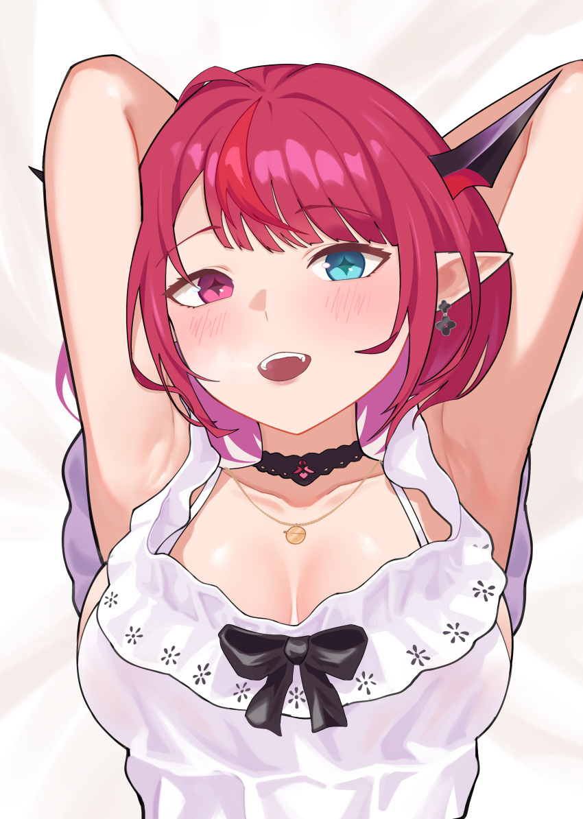 1girl absurdres armpits arms_behind_head black_choker blush breasts choker cleavage collarbone dress earrings fangs frilled_dress frills heterochromia highres hololive hololive_english horns irys_(casualrys)_(hololive) irys_(hololive) jewelry large_breasts looking_at_viewer lying multicolored_hair necklace official_alternate_costume on_back open_mouth pointy_ears red_hair shift_(shiftillust) short_hair short_sleeves solo two-tone_hair upper_body virtual_youtuber white_dress