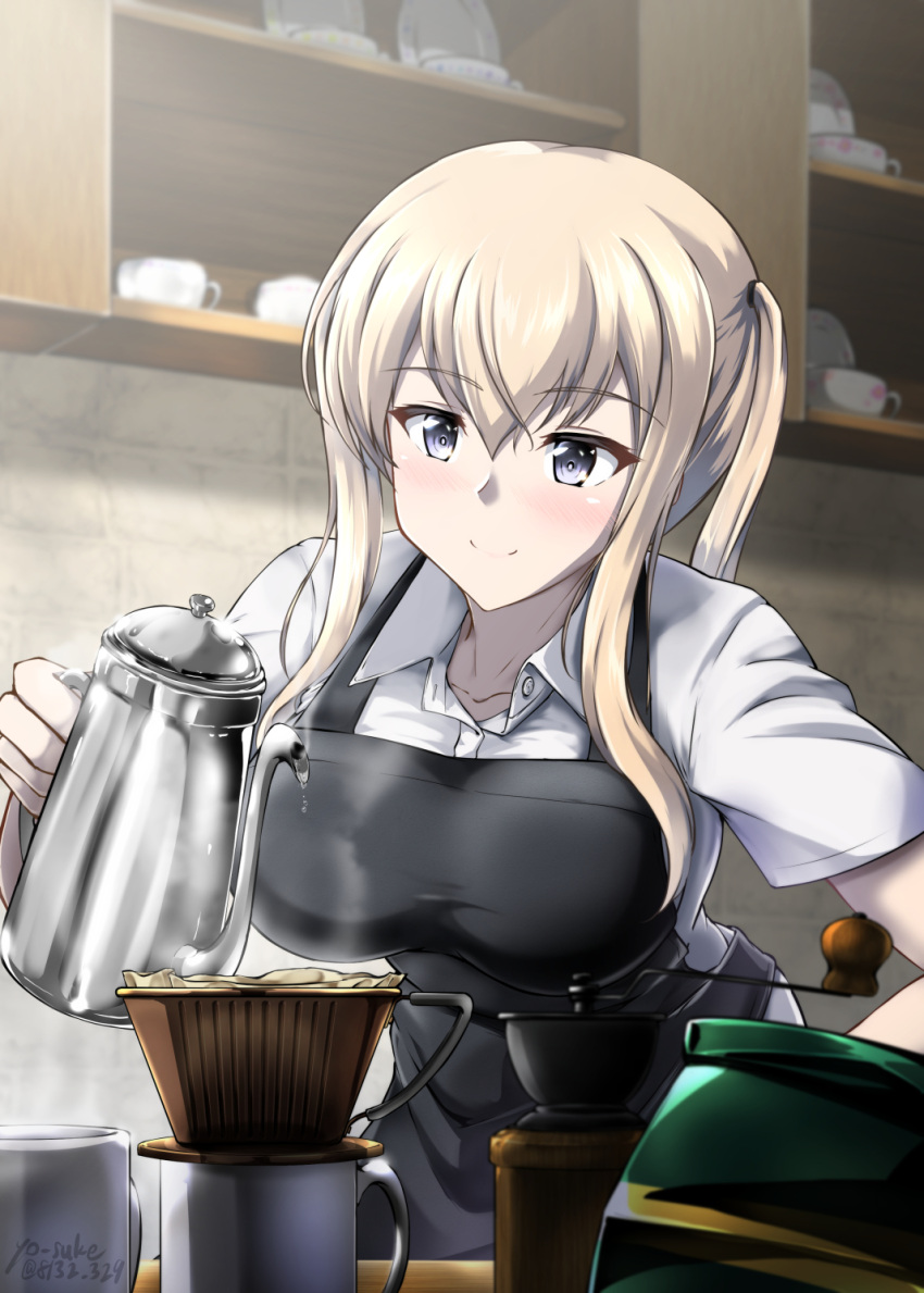 1girl alternate_costume apron barista black_apron blonde_hair coffee_maker collared_shirt cup dress_shirt graf_zeppelin_(kancolle) grey_eyes highres kantai_collection long_hair mug pitcher_(container) shirt sidelocks smile solo twintails upper_body white_shirt yo-suke