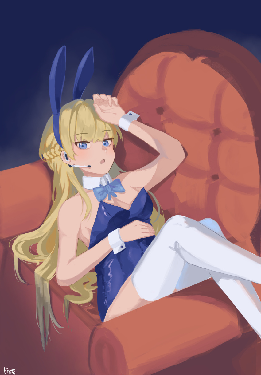 1girl animal_ears arm_up artist_name bare_shoulders blonde_hair blue_archive blue_bow blue_eyes blue_leotard bow braid breasts chair detached_collar feet_out_of_frame headset highres indoors leotard long_hair lying mz_tomz on_back playboy_bunny rabbit_ears small_breasts solo thighhighs toki_(blue_archive) toki_(bunny)_(blue_archive) very_long_hair white_thighhighs wrist_cuffs