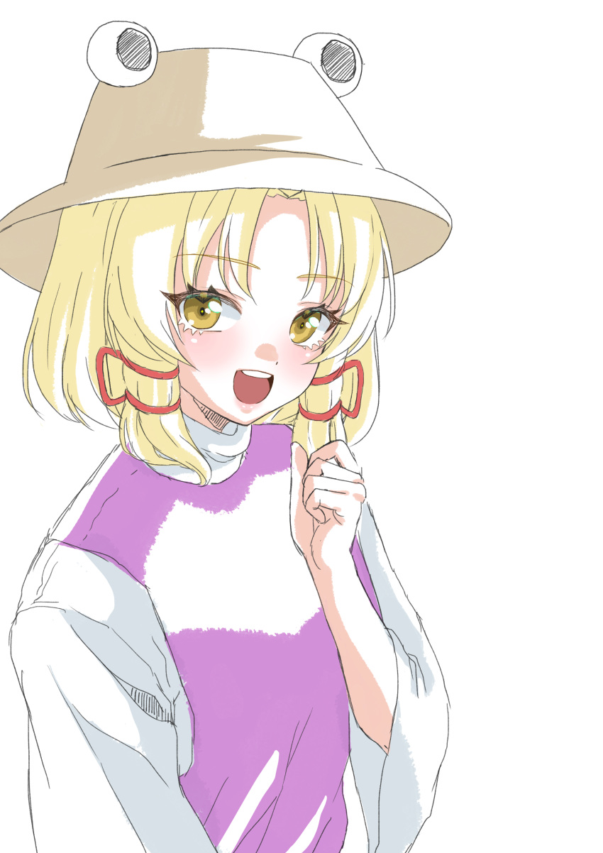 0002koko 1girl :d absurdres blonde_hair blush brown_hat clenched_hand commentary_request eyelashes hair_ribbon hand_up happy highres lips long_sleeves looking_at_viewer medium_hair moriya_suwako open_mouth purple_vest pyonta red_ribbon ribbon round_teeth shirt simple_background smile solo straight_hair teeth touhou tress_ribbon tsurime upper_body upper_teeth_only vest white_background white_shirt wide_sleeves yellow_eyes