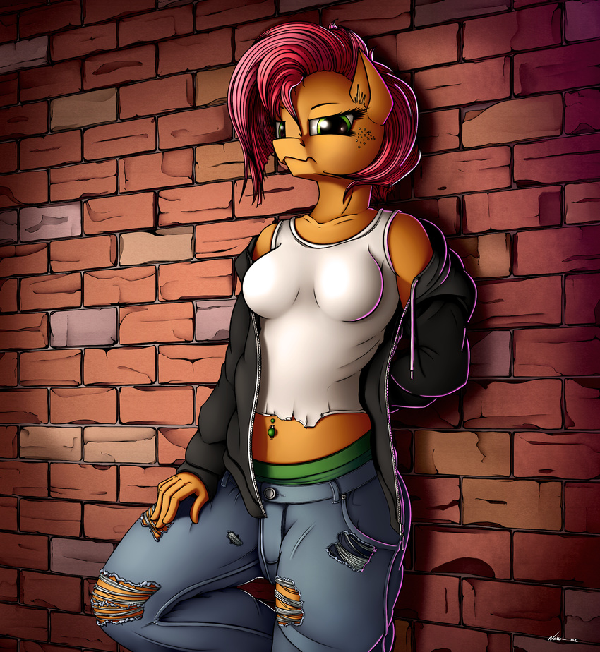 anthro babs_seed_(mlp) breasts clothed clothing earth_pony equine eyelashes female freckles friendship_is_magic green_eyes hair horse mammal midriff my_little_pony navel navel_piercing neko-me piercing pony short_hair solo standing torn_clothing