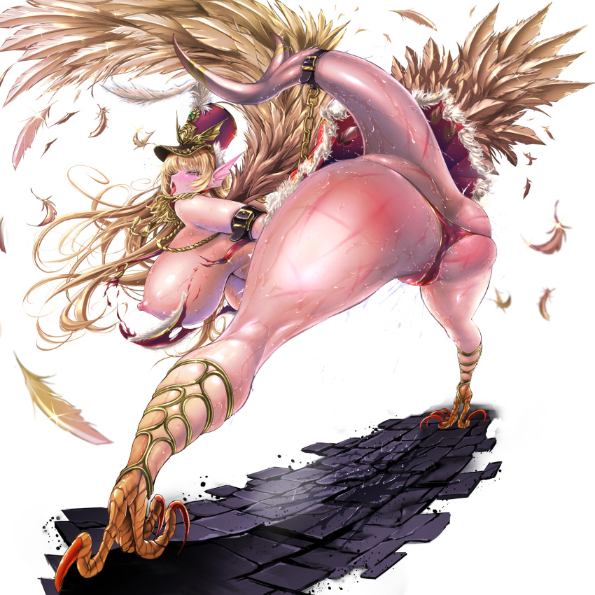 animal_humanoid areola avian avian_humanoid big_breasts blonde_hair bodily_fluids breasts butt_slap clothed clothing digital_media_(artwork) eden's_ritter_grenze european_mythology feathered_wings feathers feet female fish genital_fluids greek_mythology hair harpy hat headgear headwear hi_res huge_breasts humanoid hybrid light_body light_skin mammal marine megaera_(eden's_ritter_grenze) monster_girl_(genre) mythological_avian mythological_creature mythology naglfar nipples panties red_clothing red_hat red_headwear red_panties red_underwear santa_bikini skimpy slap solo spank_marks spanking talons toes torn_clothing underwear vaginal_fluids wings yellow_body yellow_feathers