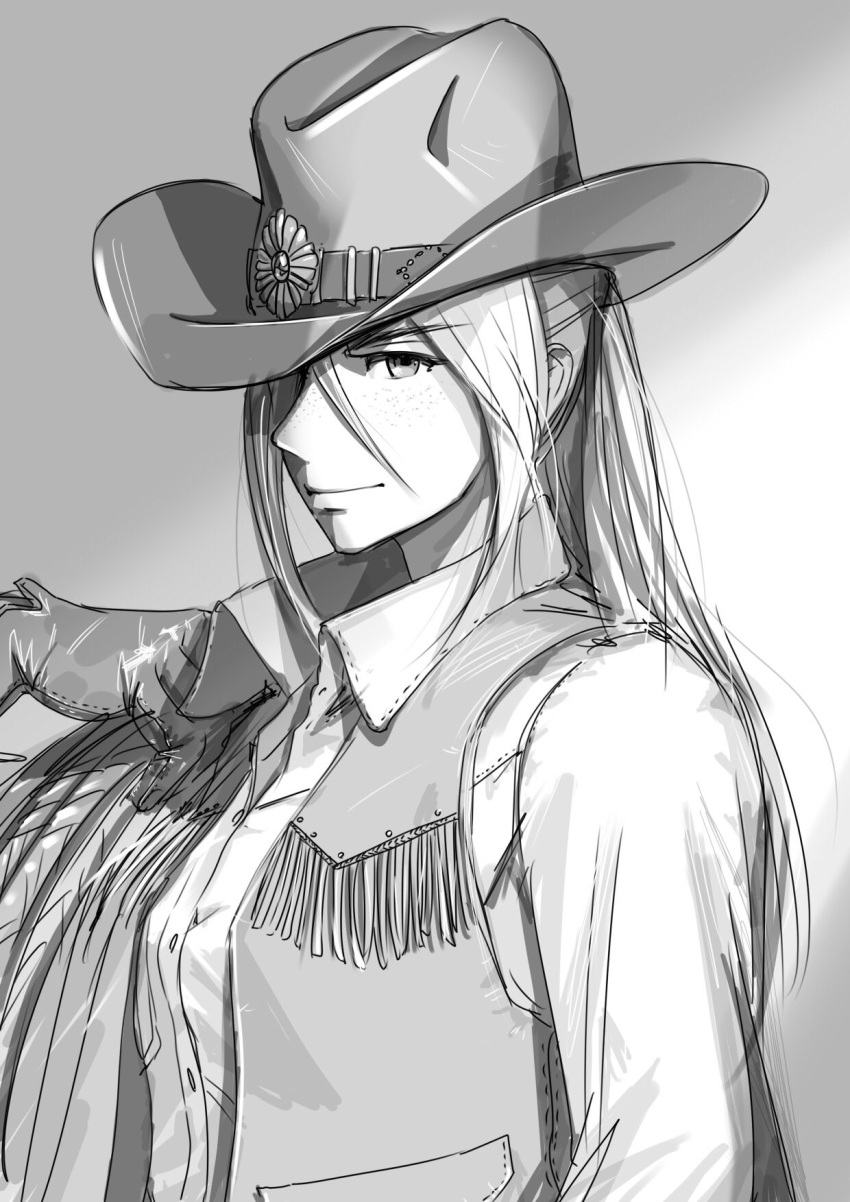 1girl 959 collared_shirt cowboy_hat cowgirl_(western) freckles gloves greyscale hair_behind_ear hair_between_eyes hand_on_own_shoulder hat highres looking_at_viewer monochrome original ponytail shirt smile solo upper_body vest