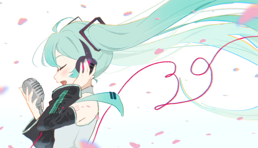 1girl 39 absurdres blush cable closed_eyes detached_sleeves from_side hand_on_headphones hatsune_miku headphones highres holding holding_microphone long_hair long_sleeves melle_(m3113000) microphone nail_polish necktie open_mouth petals profile shirt sleeveless sleeveless_shirt smile solo twintails upper_body very_long_hair vocaloid wind