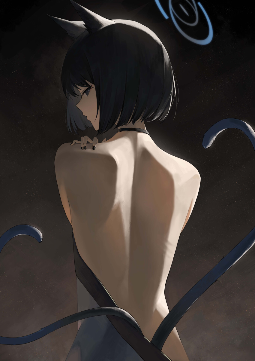 1girl absurdres animal_ears back black_eyes black_hair black_nails blue_archive blue_halo cat_ears cat_tail fingernails from_behind halo highres kikyou_(blue_archive) looking_at_viewer looking_back multiple_tails nail_polish randouworks short_hair solo tail two_tails upper_body