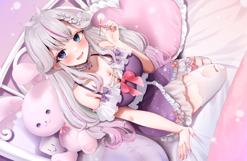 1girl :d absurdres bed blue_eyes breasts cleavage commentary_request dress garter_straps grey_hair hand_up heart heart-shaped_pillow highres indie_virtual_youtuber kneeling large_breasts long_hair looking_at_viewer multicolored_hair narushima_kanna on_bed pillow pink_hair purple_dress smile solo streaked_hair stuffed_animal stuffed_rabbit stuffed_toy thighhighs tongue virtual_youtuber white_garter_straps white_thighhighs yasou_toiki