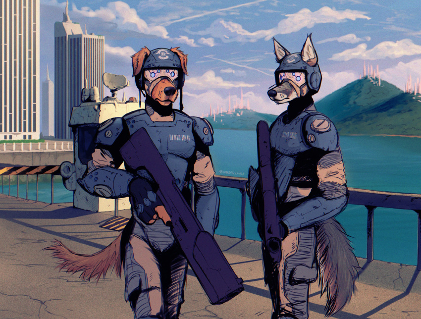absurd_res anthro armor biped brown_body brown_fur building canid canine canis cloud domestic_dog duo floppy_ears fur gun headgear helmet hi_res holding_gun holding_object holding_ranged_weapon holding_weapon male mammal manedpizzawolf ranged_weapon tail weapon