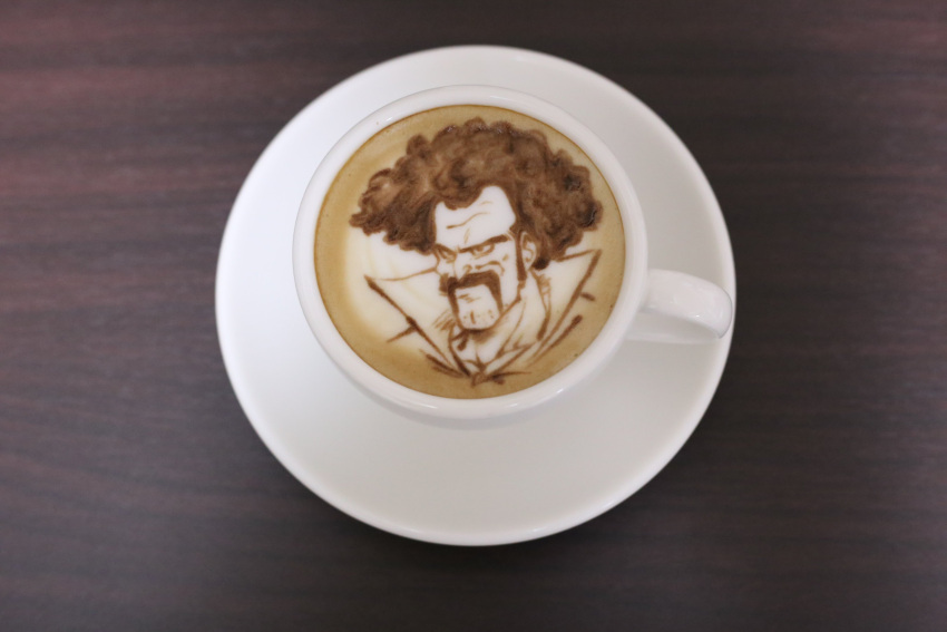 1boy absurdres afro black_hair brown_theme cafe coffee_cup cup disposable_cup dragon_ball dragon_ball_z highres latte_art latte_art_(medium) long_mustache looking_ahead male_focus mr._satan photo_(medium) receding_hairline smile solo table thick_eyebrows tokoroten_1234 unconventional_media wrinkled_skin