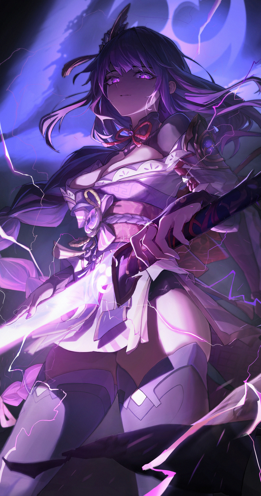 1girl absurdres breasts bridal_gauntlets cleavage closed_mouth commentary_request electricity engulfing_lightning_(genshin_impact) genshin_impact glowing glowing_eyes glowing_sword glowing_weapon haohaomaster highres holding holding_sword holding_weapon japanese_clothes kimono large_breasts long_hair looking_at_viewer low-braided_long_hair low-tied_long_hair mole mole_under_eye musou_isshin_(genshin_impact) obi obiage obijime purple_eyes purple_hair purple_kimono purple_nails purple_theme purple_thighhighs raiden_shogun sash short_kimono solo sword thighhighs thighs tomoe_(symbol) weapon