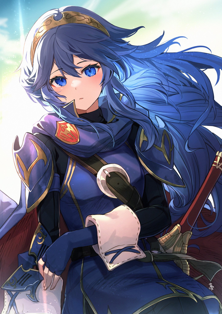 1girl armor blue_eyes blue_hair blush cape eye_mask falchion_(fire_emblem) fingerless_gloves fire_emblem fire_emblem_awakening gloves hair_between_eyes highres holding holding_mask long_hair looking_at_viewer lucina_(fire_emblem) mask nakabayashi_zun open_mouth smile solo sword tiara unworn_mask weapon