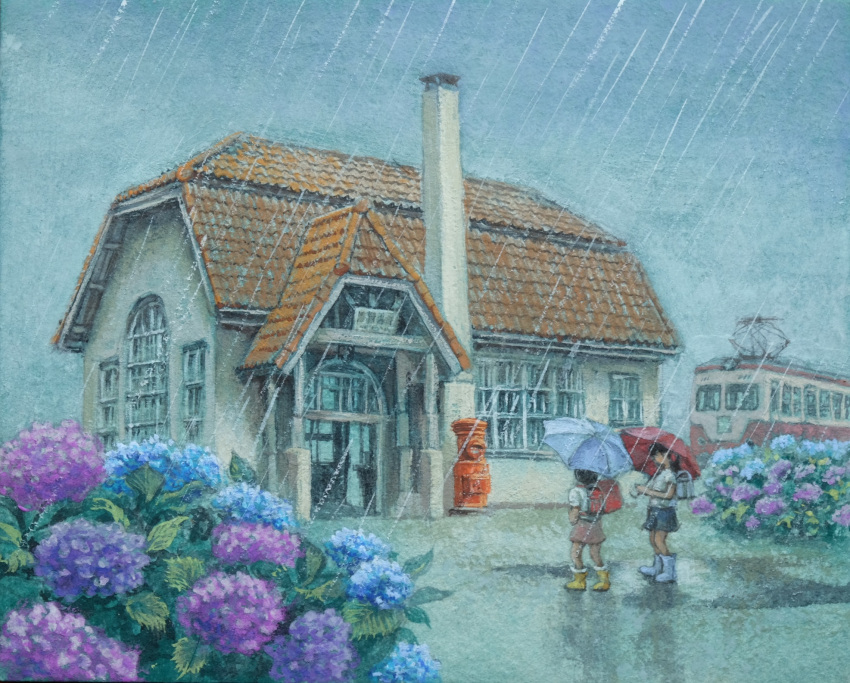 1boy 1girl boots building child chimney cloud cloudy_sky day flower highres holding holding_umbrella hydrangea japanese_cylindrical_postbox mailbox_(incoming_mail) nihonga original painting_(medium) pantograph puddle rain sky streetcar tanamachi_yoshihiro traditional_media umbrella water watercolor_(medium) window yellow_footwear