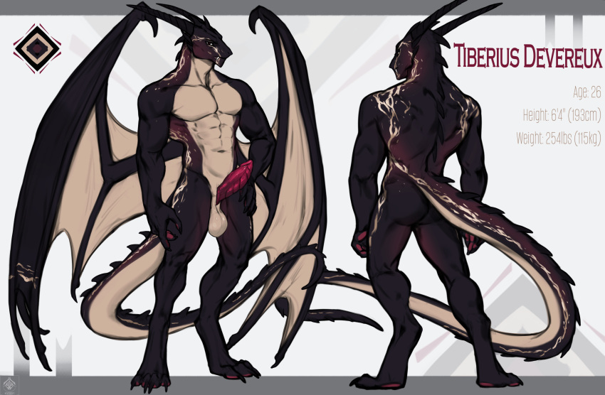 absurd_res anthro balls biped claws countershade_neck countershade_tail countershade_torso countershading dragon erection european_mythology fingers genitals hi_res horn ksfrost male membrane_(anatomy) membranous_wings model_sheet mythological_creature mythological_scalie mythology penis scalie solo tail tiberius_devereux western_dragon wings