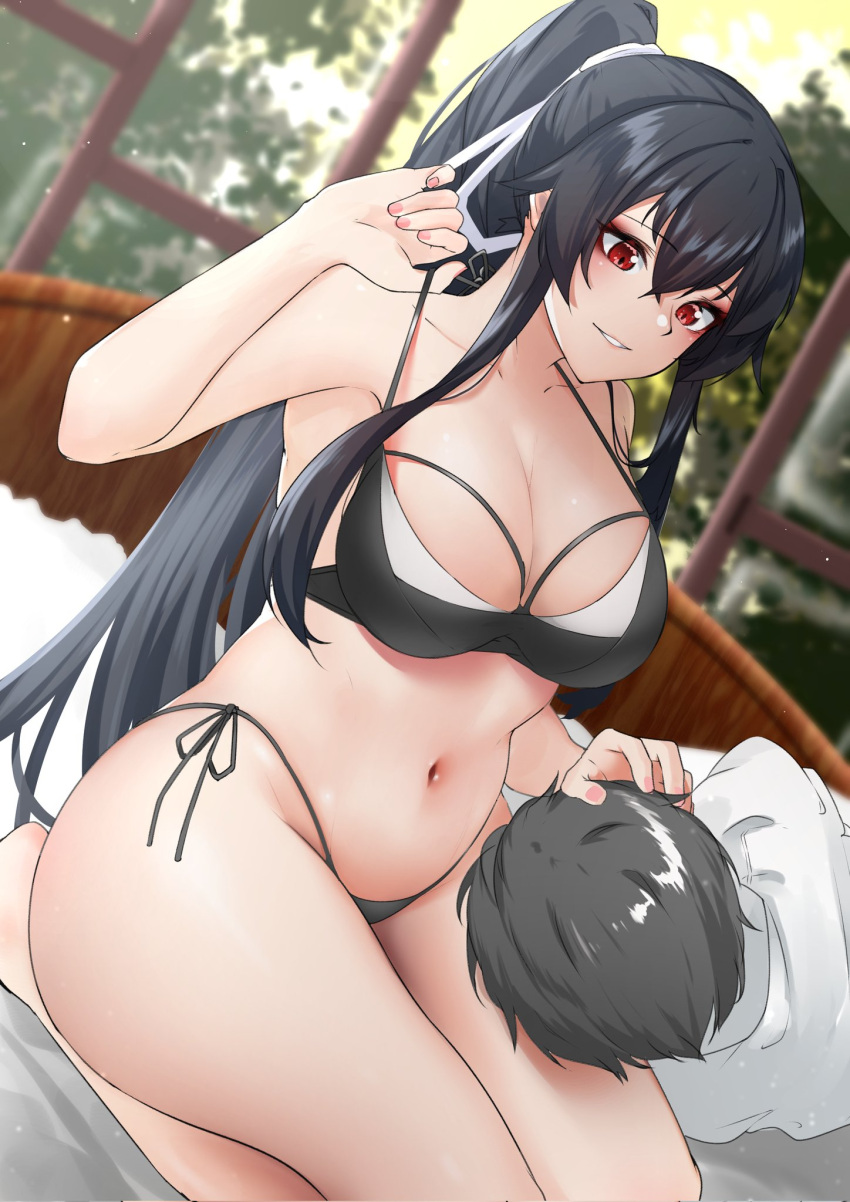 1boy 1girl admiral_(kancolle) alternate_costume bed bikini black_bikini black_hair breasts cleavage commentary_request commission dutch_angle front-tie_bikini_top front-tie_top hair_ribbon highres kantai_collection lap_pillow large_breasts long_hair red_eyes ribbon seiza side-tie_bikini_bottom sitting skeb_commission swimsuit window yahagi_(kancolle) z_(knkr1025)