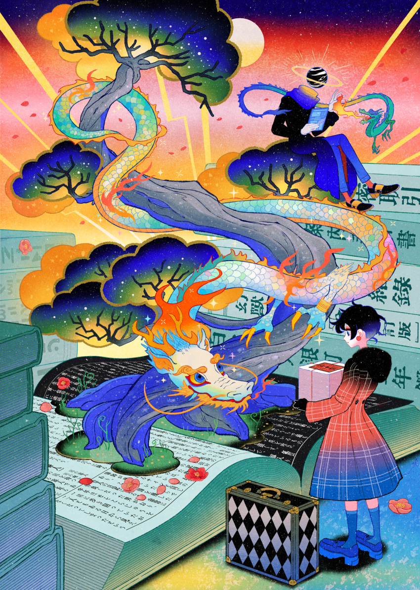 1girl animal bag blue_footwear blue_hair book coat colorful dragon eastern_dragon flower handbag highres holding kubo_(black-vinegar) moon multicolored_coat multicolored_hair nengajou new_year night original solo two-tone_hair