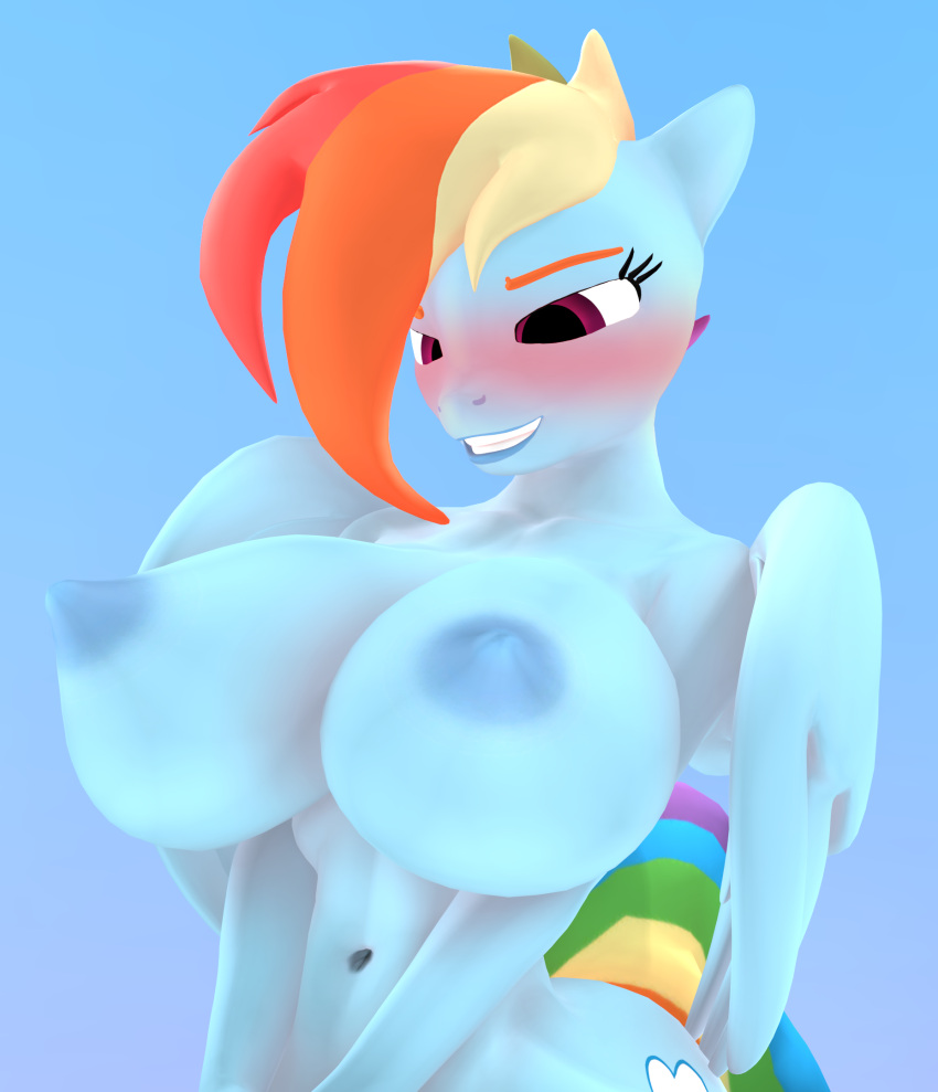 areola big_breasts blue_body blue_fur breasts equid equine female friendship_is_magic fur hasbro hi_res mammal multicolored_tail my_little_pony mythological_creature mythological_equine mythology nipples pegasus purplefondue rainbow_dash_(mlp) rainbow_tail tail wings