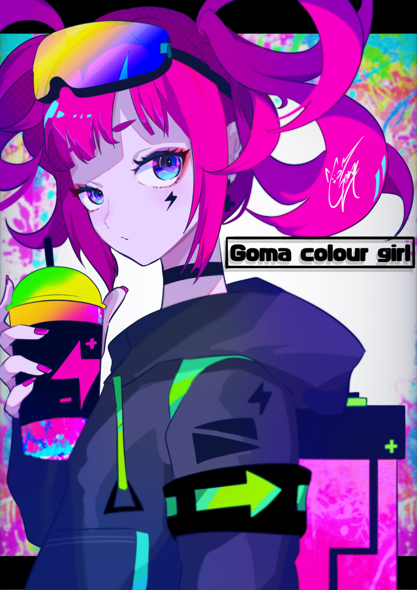 1girl cup drinking_straw english_text facial_tattoo goggles goggles_on_head goma_irasuto highres hood hood_down hoodie looking_at_viewer multicolored_eyes original pink_hair signature solo sweater tattoo twintails
