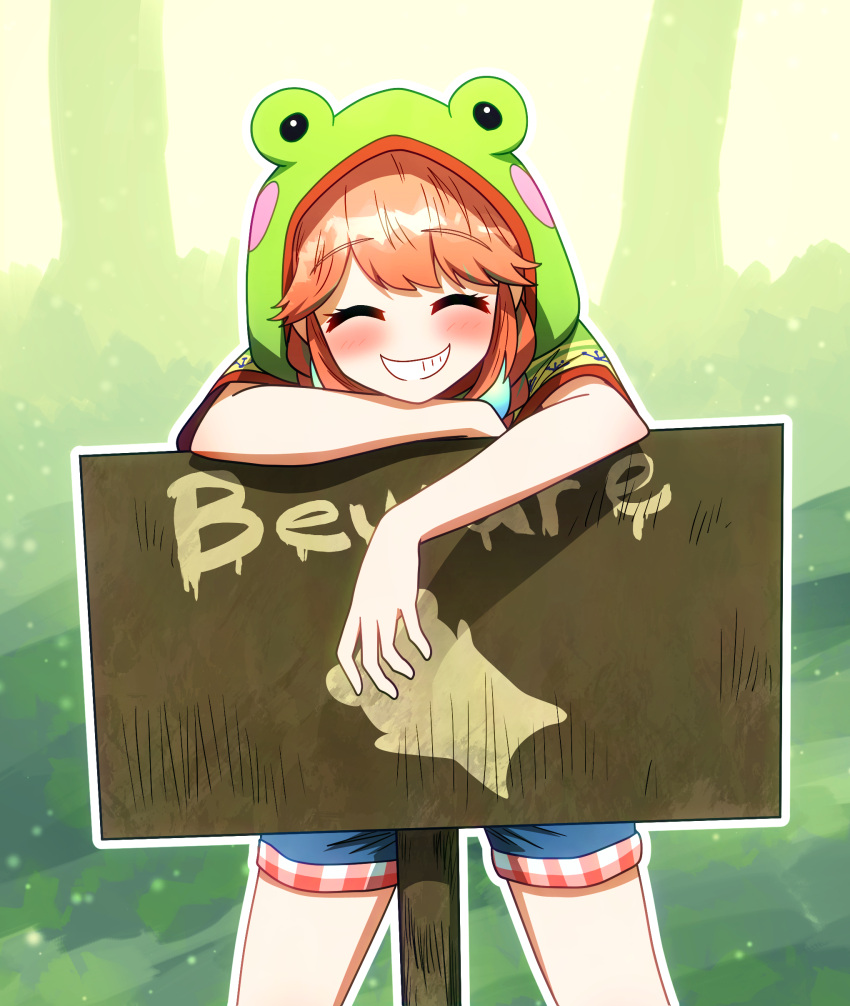 1girl absurdres animal_hood blue_shorts blush braid closed_eyes commentary ddolbang english_commentary frog_hood frogiwawa green_hair green_hoodie highres hololive hololive_english hood hoodie long_hair multicolored_hair official_alternate_costume orange_hair shorts sign smile solo streaked_hair takanashi_kiara takanashi_kiara_(casual) twin_braids virtual_youtuber